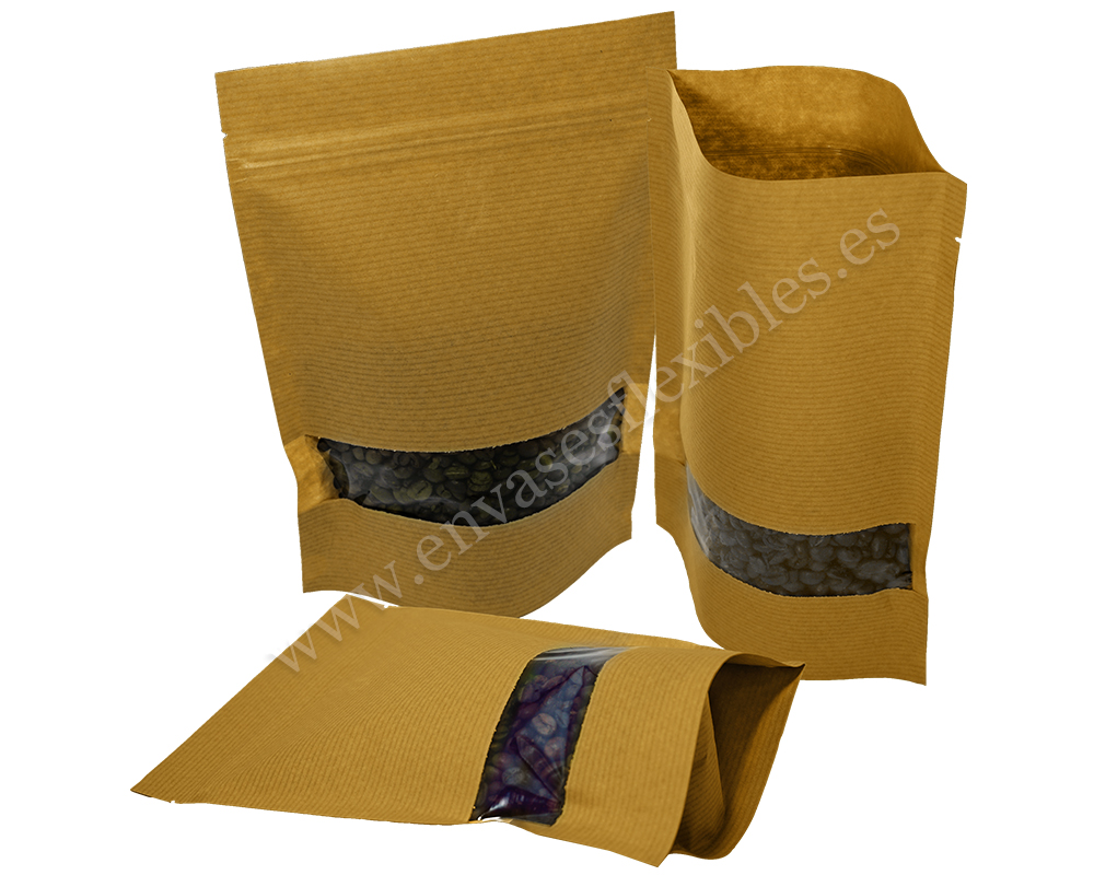 Bolsas de papel a rayas marrones con ventana rectangular