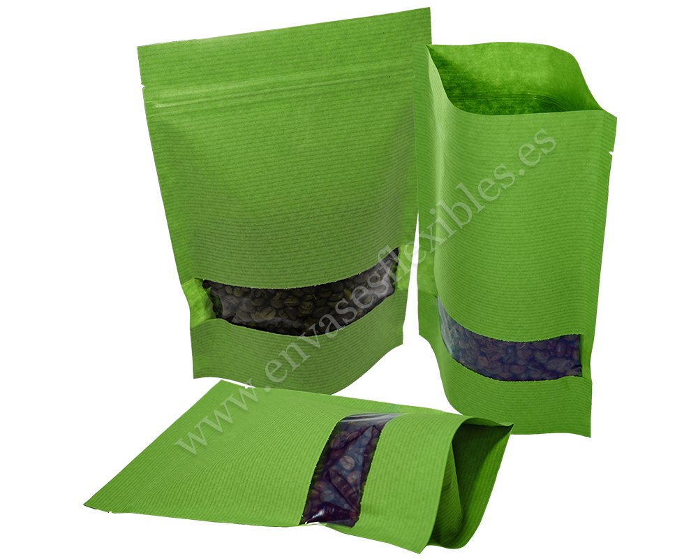 Bolsas de papel a rayas verdes con ventana rectangular